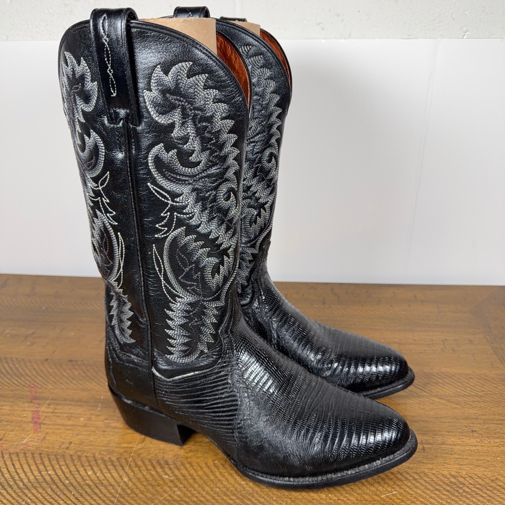 Dan Post Cowboy Boots Mens 8.5 EW Black Lizard Skin Western Handcrafted Stitch